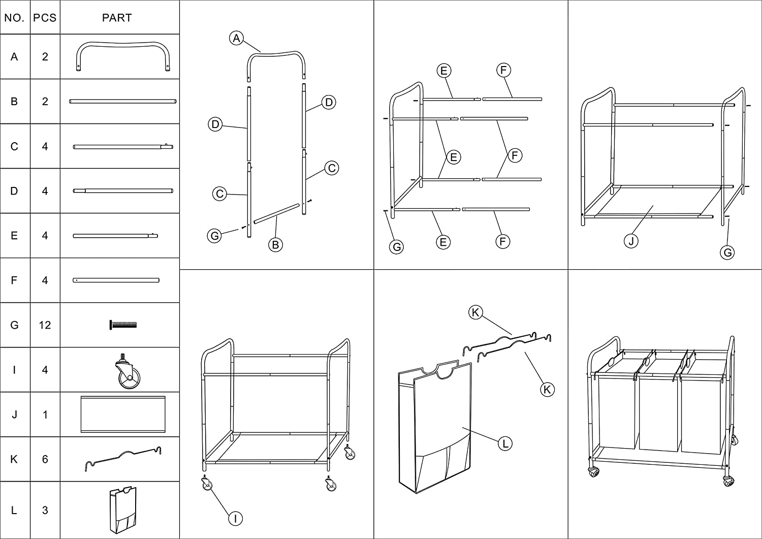 Assembling Instructions for JINAMART Rolling Laundry Hamper 3 Bags