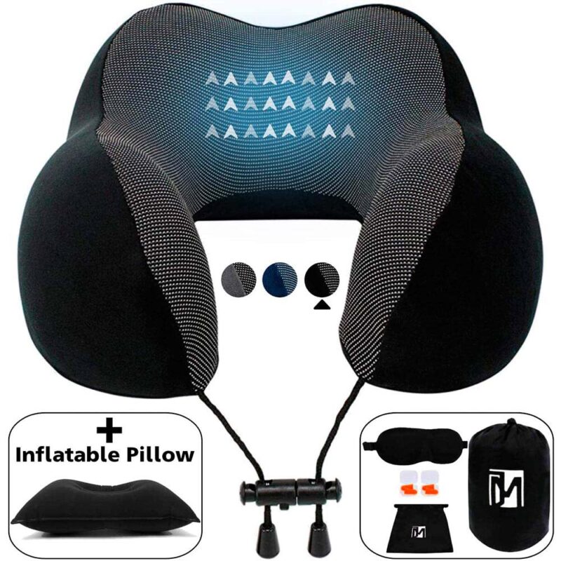 JINAMART Black Luxury Neck Pillow for Airplane Travel Memory Foam