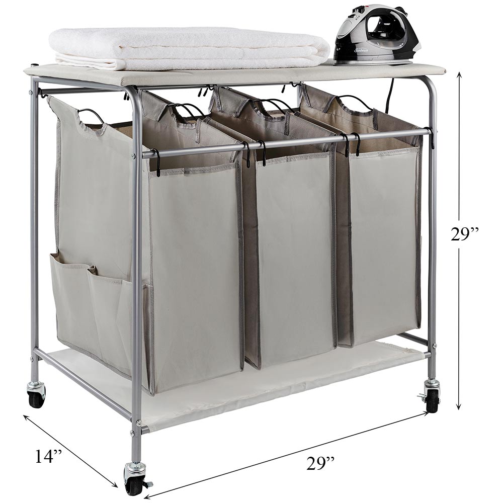 Rolling Laundry Hamper 3 Bags with Iron Board