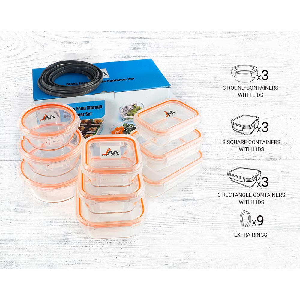 Utopia Kitchen Glass Food Storage Container Set - 18 Pieces (9 Containers  and 9 Lids) - Transparent Lids - BPA Free (Blue, 18 Piece Set)