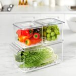 Jinamart Produce Saver Container 1 PACK (Large Size) Stackable Vegetable Fruit Container with Vents, Lid, Drain Tray, Fridge Bins for Veggie, Berries, Fruits and Vegetables, BPA Free